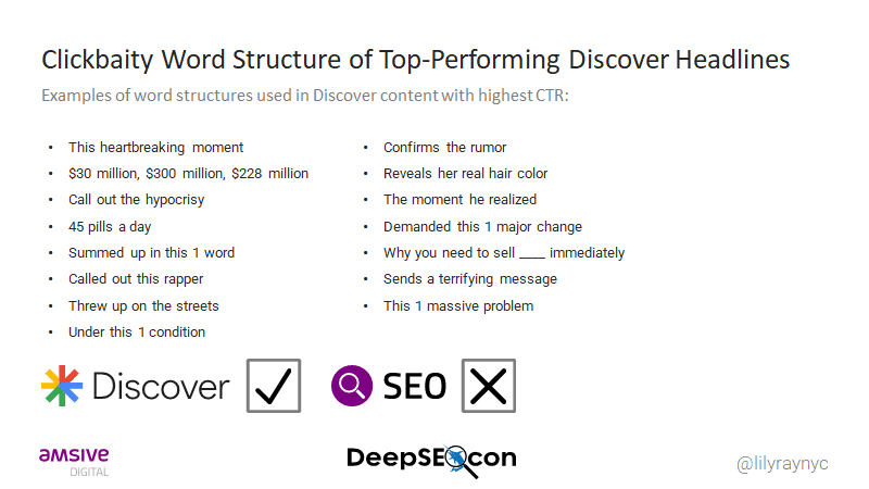 Clickbait word structure of top performing Discover headlines.