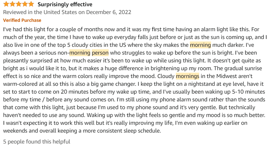 Google review on a wake-up light extolling its virtues.