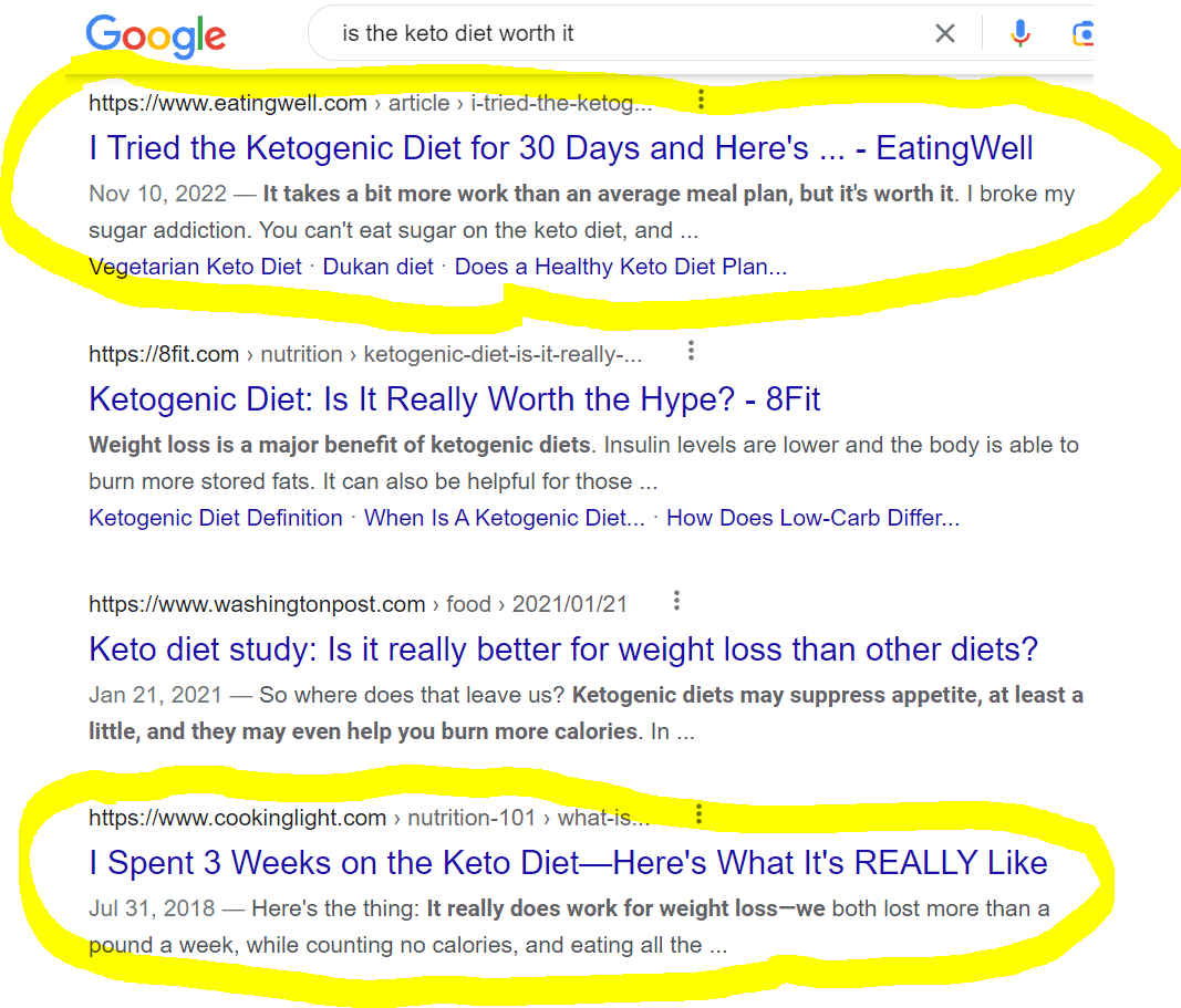 Google search results for the query “is the keto diet worth it”.