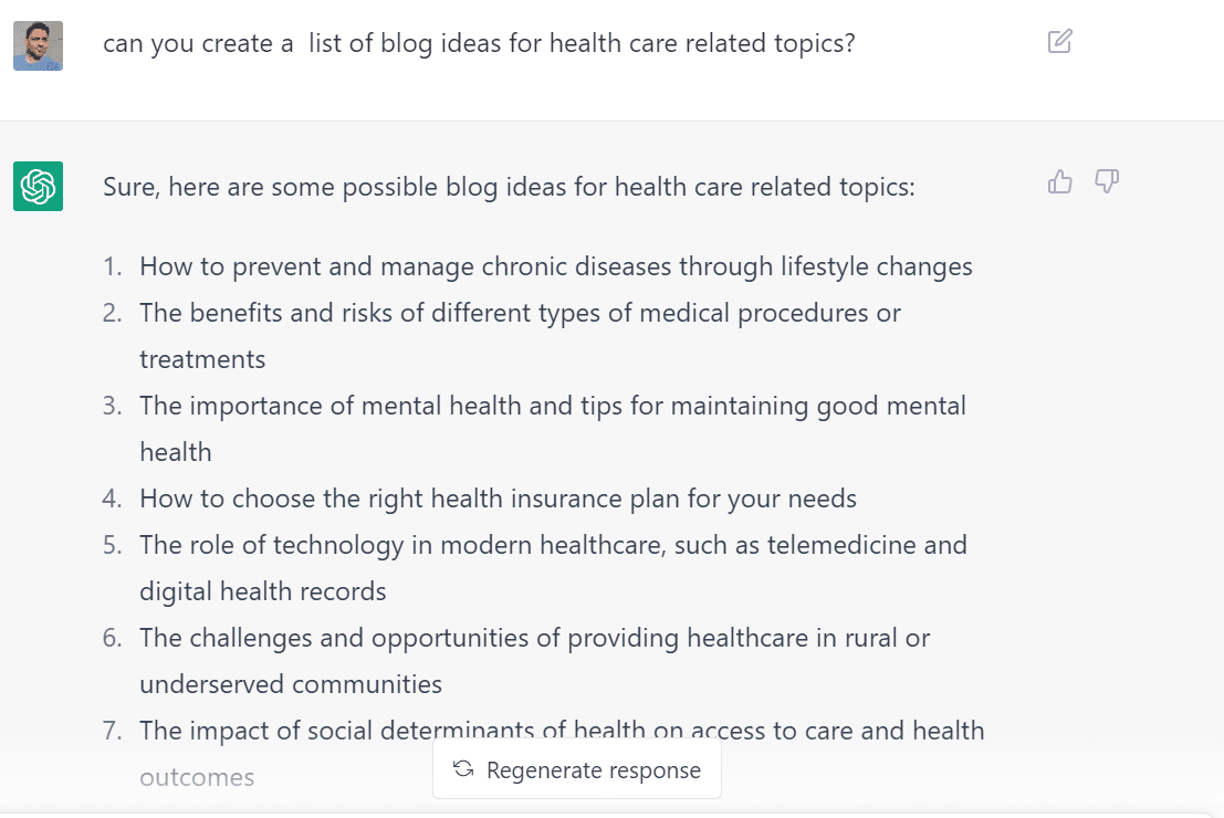 ChatGPT response to the prompt "can you create a list of blog ideas for health care related topics" with a list of topics.