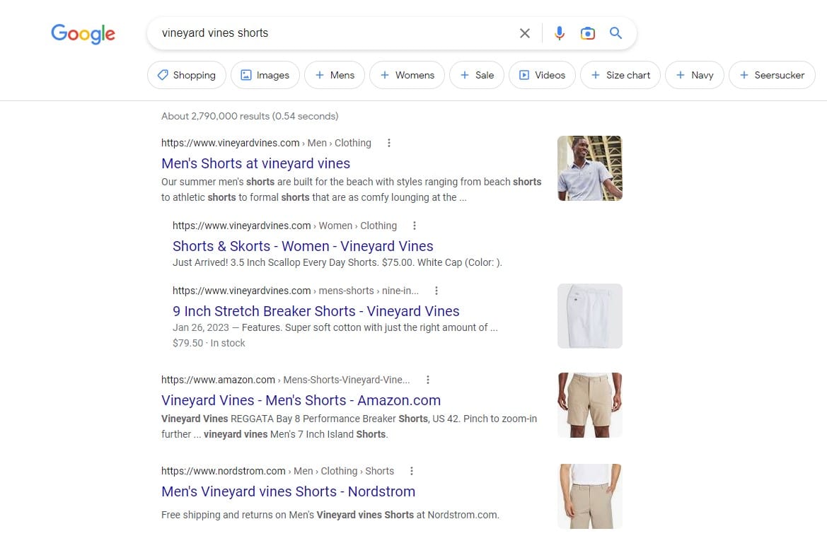Google search results for 'vineyard vines shorts' showing Vineyard Vines, Amazon, and Nordstrom websites.