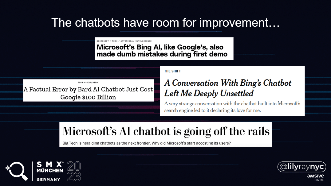 A slide showing screenshots of news headlines calling attention to problems with AI-generated content.