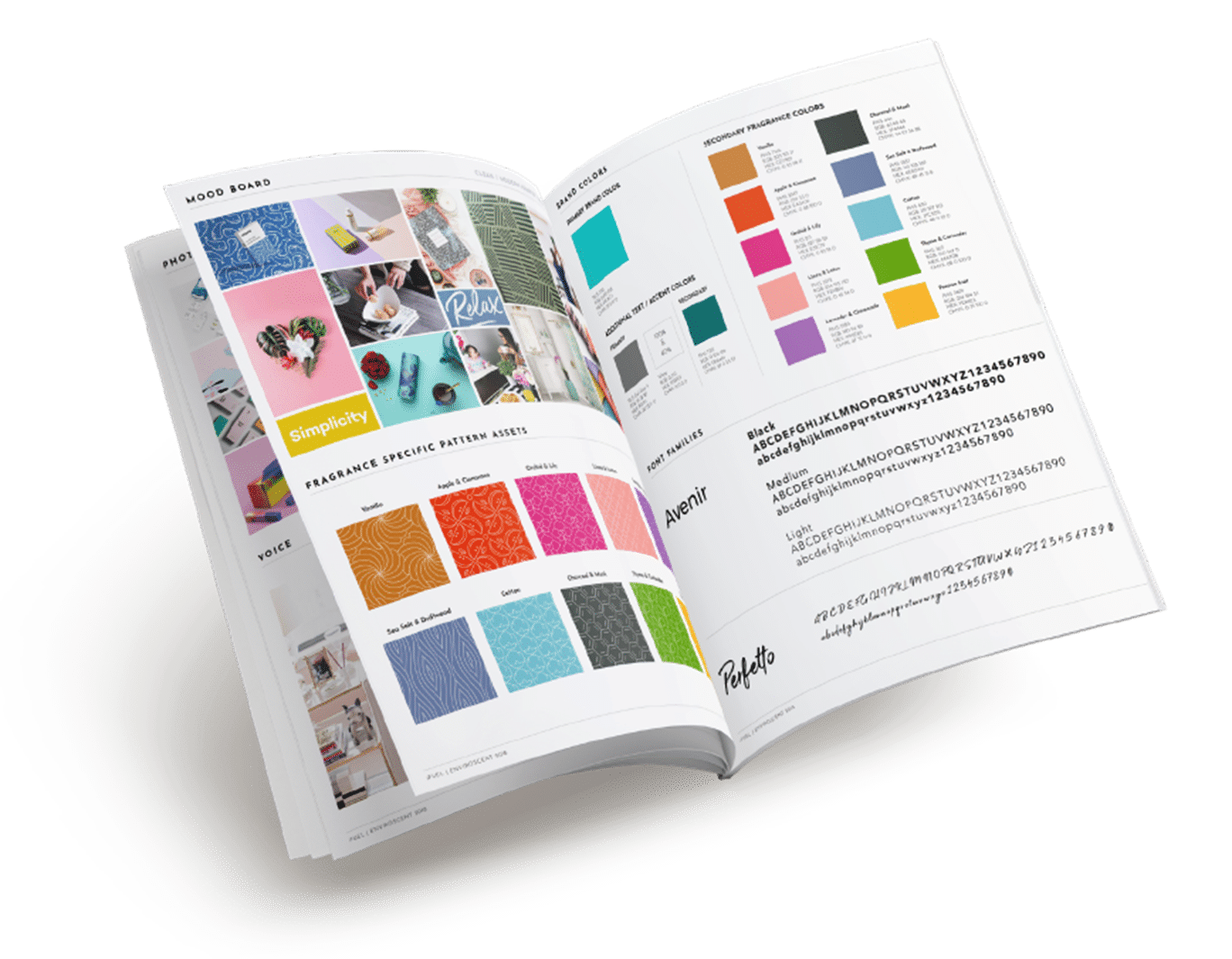 Booklet with brand guidelines and color palette.