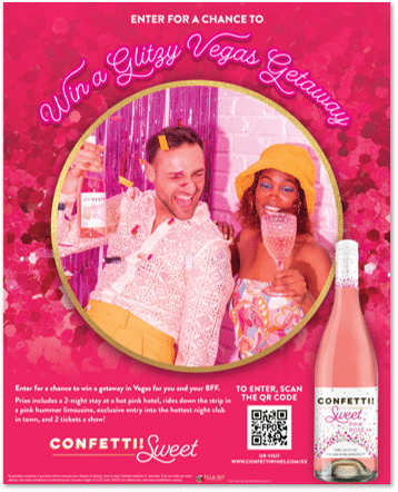 Bright pink advertisement for a sweet Rosé.